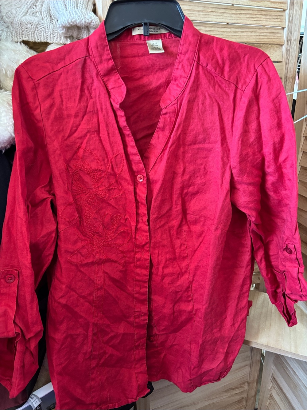 Ecologie Red Embroidered Button-Front Linen Top 1X